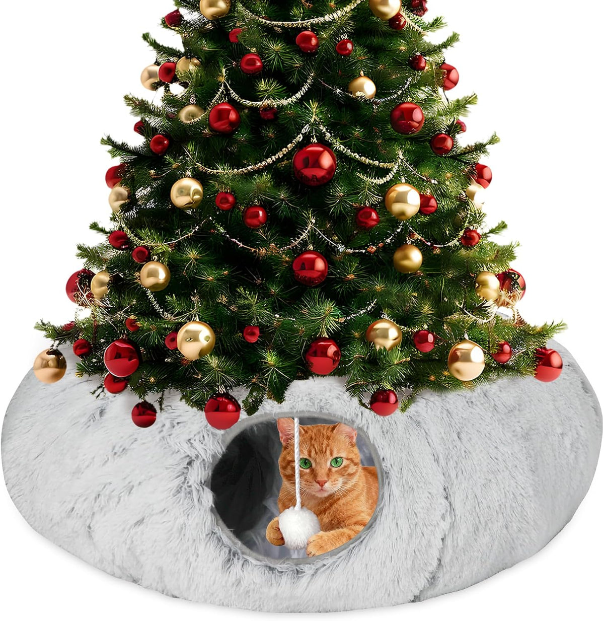 Christmas Tree Cat Tunnel Bed with Middle Mat, Cat Donut Tunnel