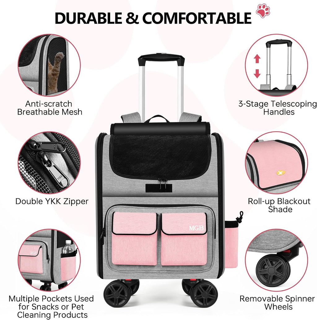 MGB Foldable Rolling Pet Carrier with Wheels Pink(Not for Airline)