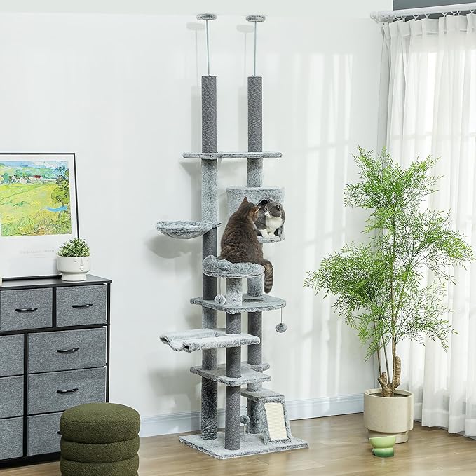 PawHut Floor to Ceiling Cat Tree, Scratching Posts & Ramp - Image 2