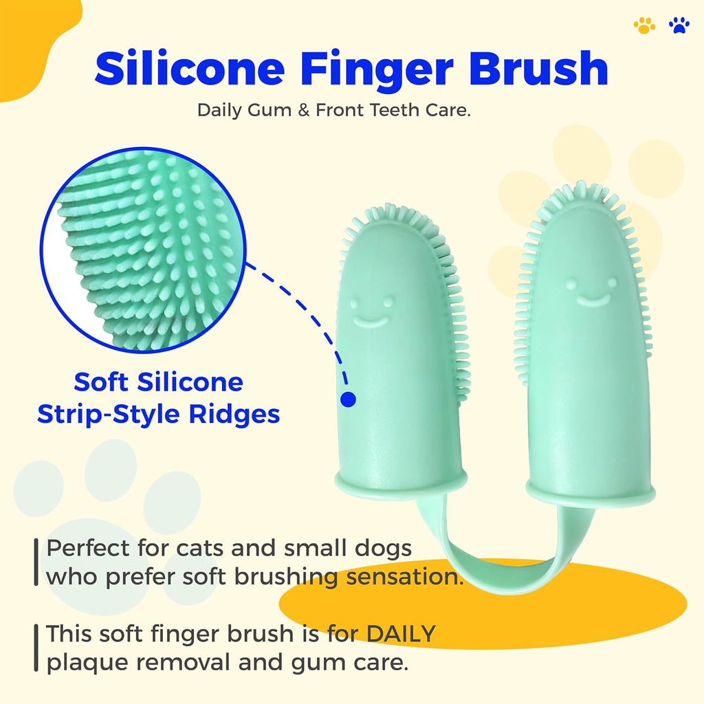 Cat Toothbrush Kit with 3 Compact-Head Brushes and Cat Finger Toothbrush