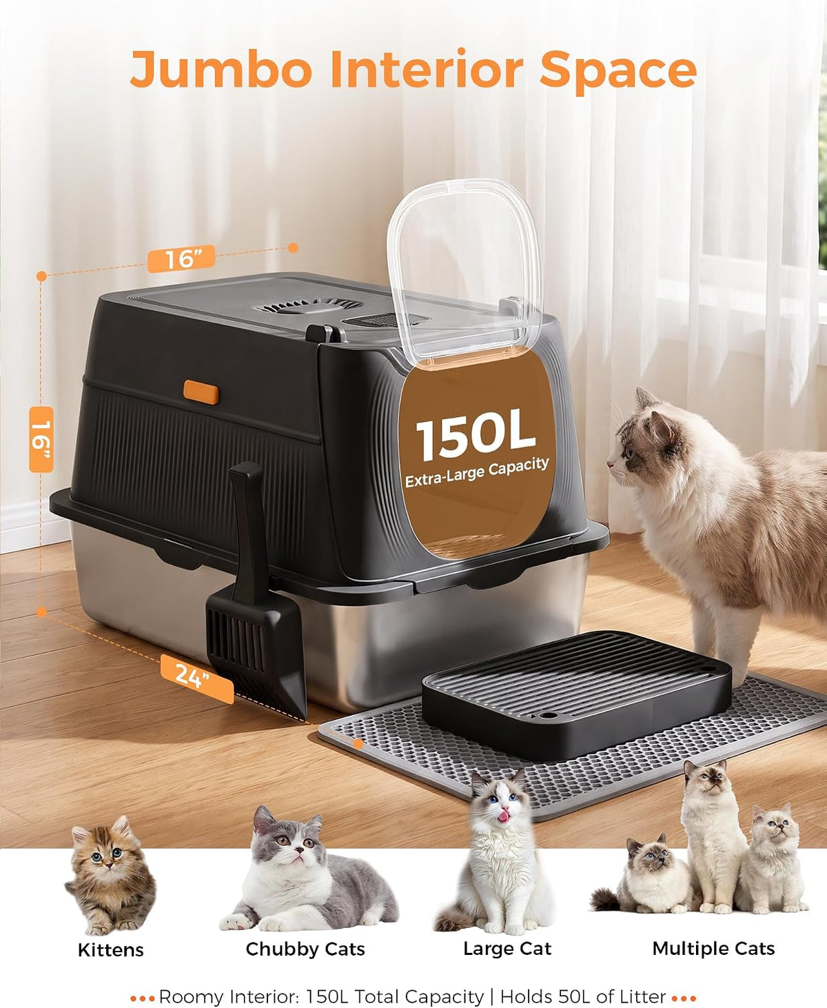 XL Extra Large, High Sided Enclosed Cat Litter Box, Activated Carbon Odor Control, Anti-Leak, Mat Scoop & Step, Black