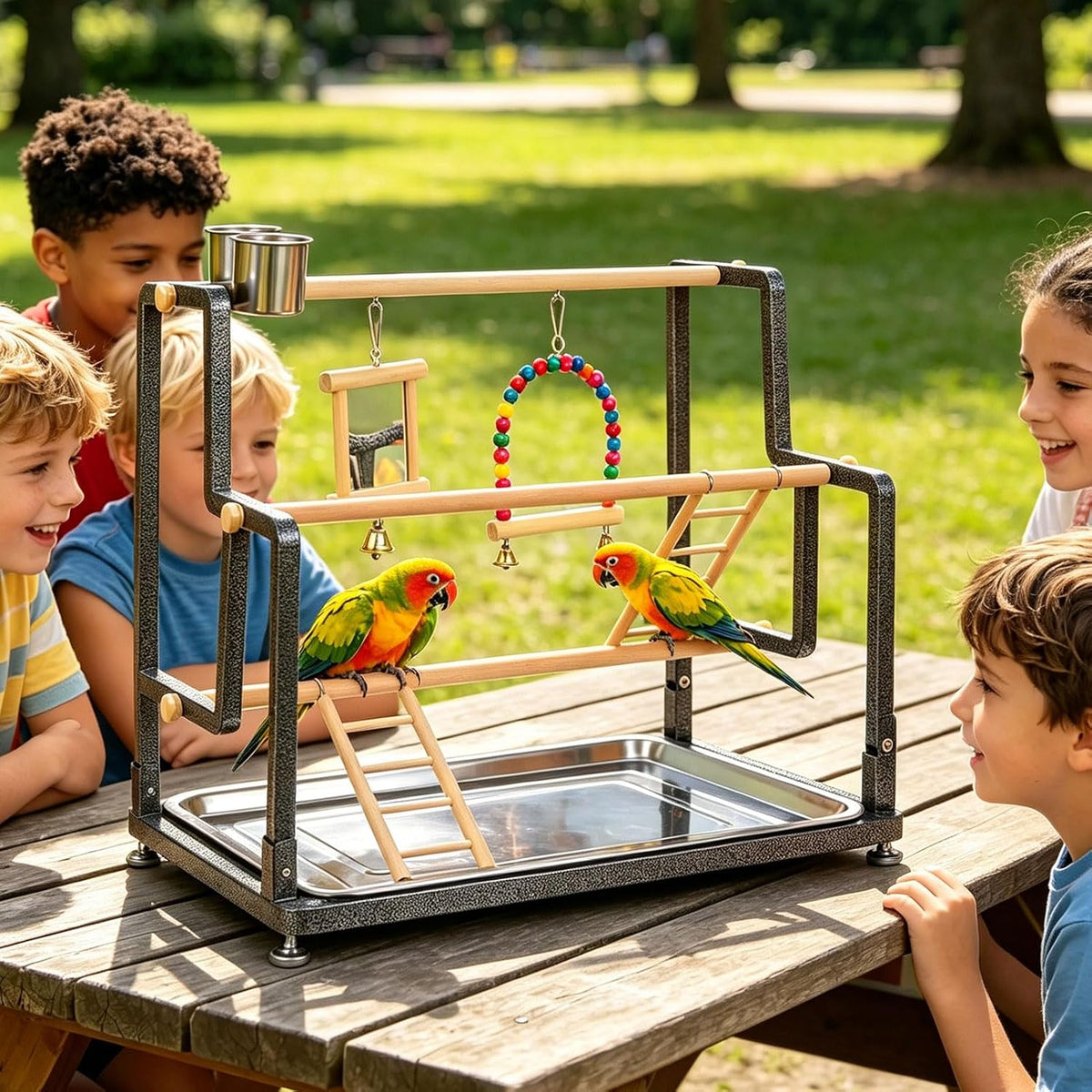 Bird Playground for Indoor Use, Table Collapsible Bird Playstand for Top of Cage, Mirrow Swing Cups 2 Ladders for Small to Medium Size of Cockatiel Parakeet Conure (Wood Ladder)