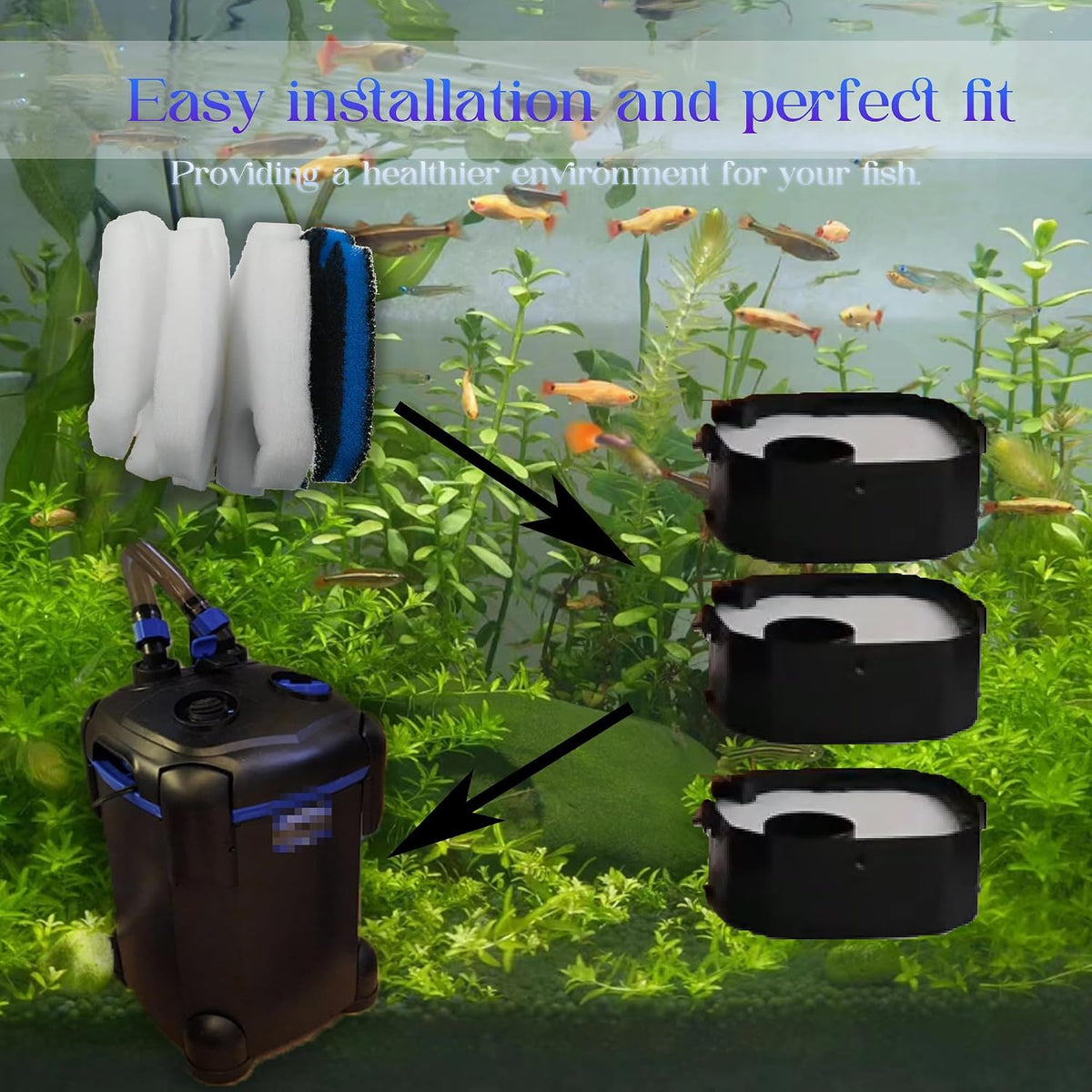 PurifyLogix Filter Canister Pads for AMOSIJOY 172/225/265/264GPH Aquarium, 8PCS Replacement Filter Media for Coospider-Repta, for AMOSIJOY 172/225/265/264GPH, 6 Fine Floss Pads & 2 Carbon Filter Pads