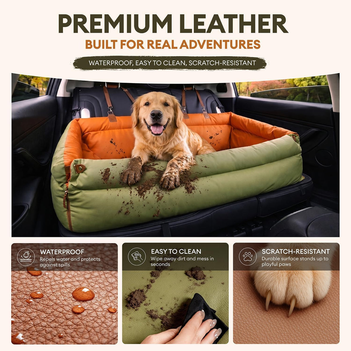 FUNNY FUZZY Leather Dog Car Seat for Large Size Dogs, Pet Booster Car Seats