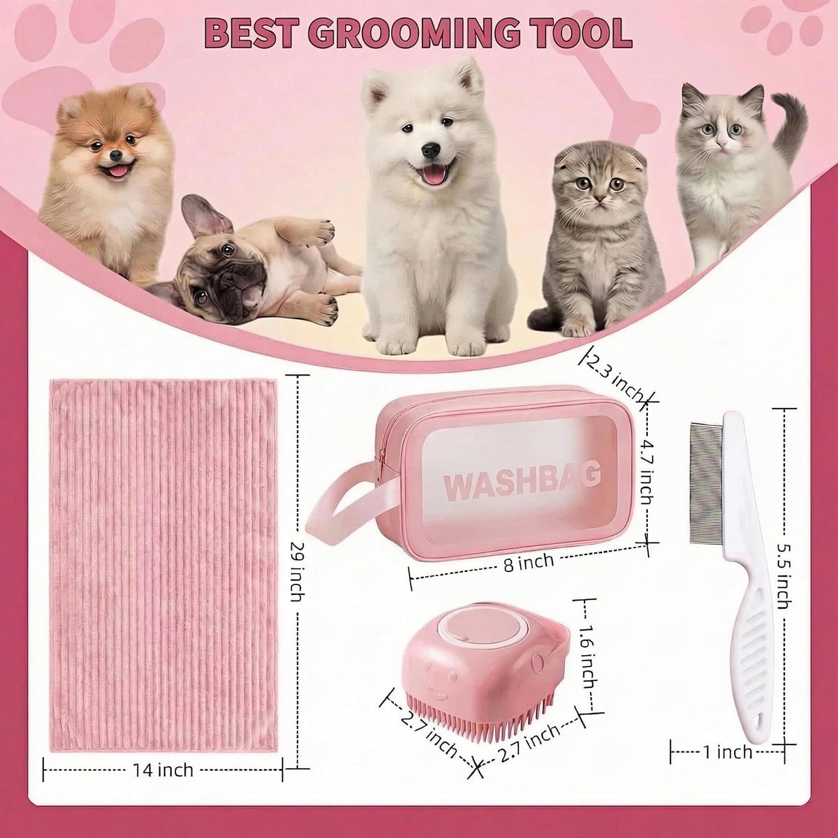 4PCS Dog Bath Kit & Dog Brush Kit for Dogs & Cats - Professional Pet Grooming Tools Set with Shedding Brush, Bath Scrubber, Dematting Comb & Storage Bag - Complete Dog Washing Essentials, Pink