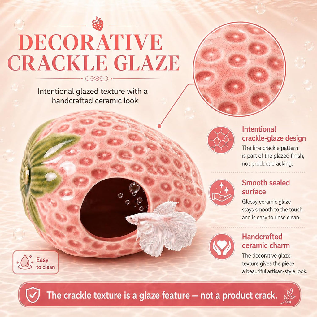 10PCS Aquarium Decorations, Ice Crackle Glaze Betta Fish Tank Decor Accessories, Ceramic Strawberry House Cave Hideout with Artificial Plants Grass Ball & Starfish for Goldfish Shrimp Cichlid (Pink)