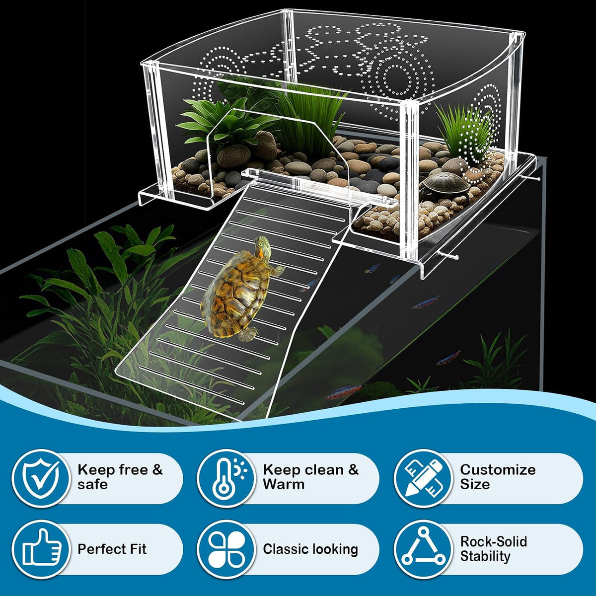 Extra Large Turtle Topper Basking Platform for Aquatic Turtles 40B/75G, Above Tank Turtles Sunbathing Dock Anti-slip Ramp Aquatic Reptile Climbing Pier Resting Terrace with Feeding Area Accessories