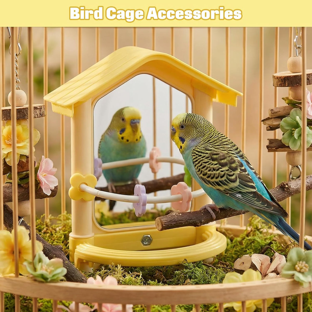 Bird Mirror with Plastic Perch and 5PCS Colorful Rattan Balls Parakeet Hanging Swing with Mirror Interactive Toy Bird Cage Accessories for Cockatiel Parrot Conures Cockatoo Finch(Yellow)