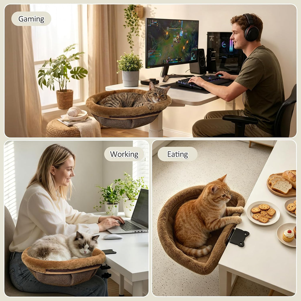 Desk Cat Bed, Hanging Under Desk Cat Hammock with Clip-On Mount, Soft Plush, Swivel Design