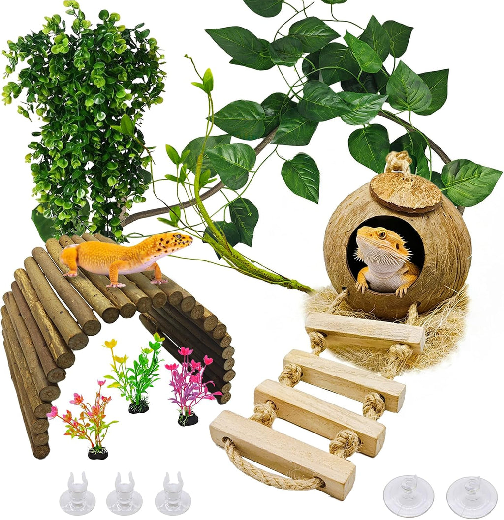 9PCS Crested Gecko Tank Accessories,Reptile Plants Vine Decor Coconut Hide