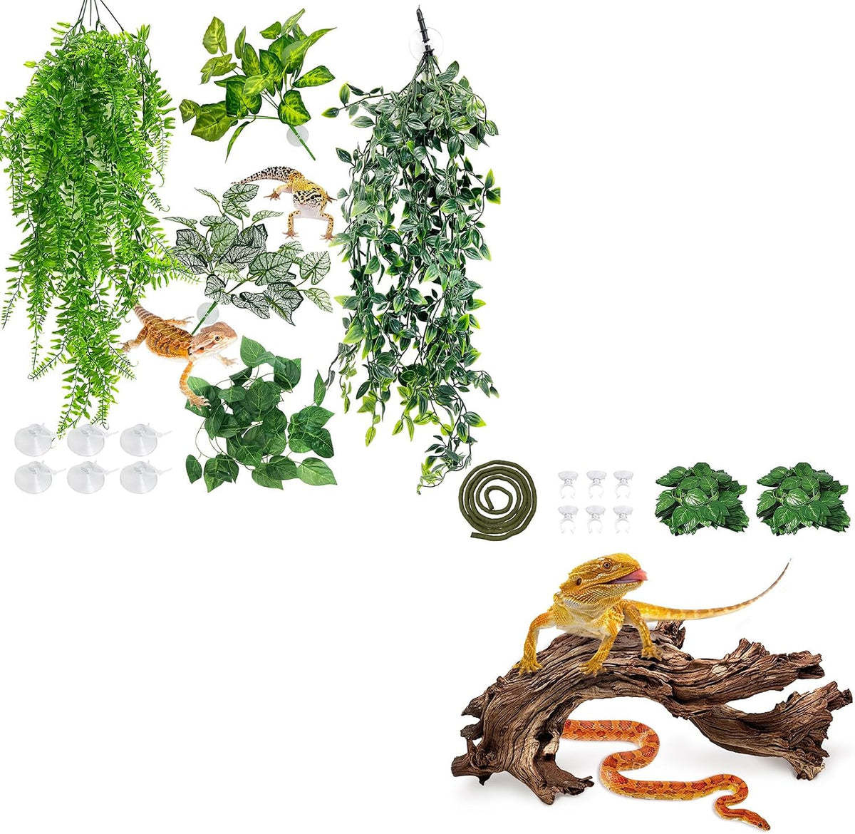 Hamiledyi 5 Pcs Reptile Plants Terrarium Hanging Fake Plant Leaves and Reptile Driftwood Branch Decor Terrarium Ornament Wood for Snake Bearded Dragon Leapord Gecko