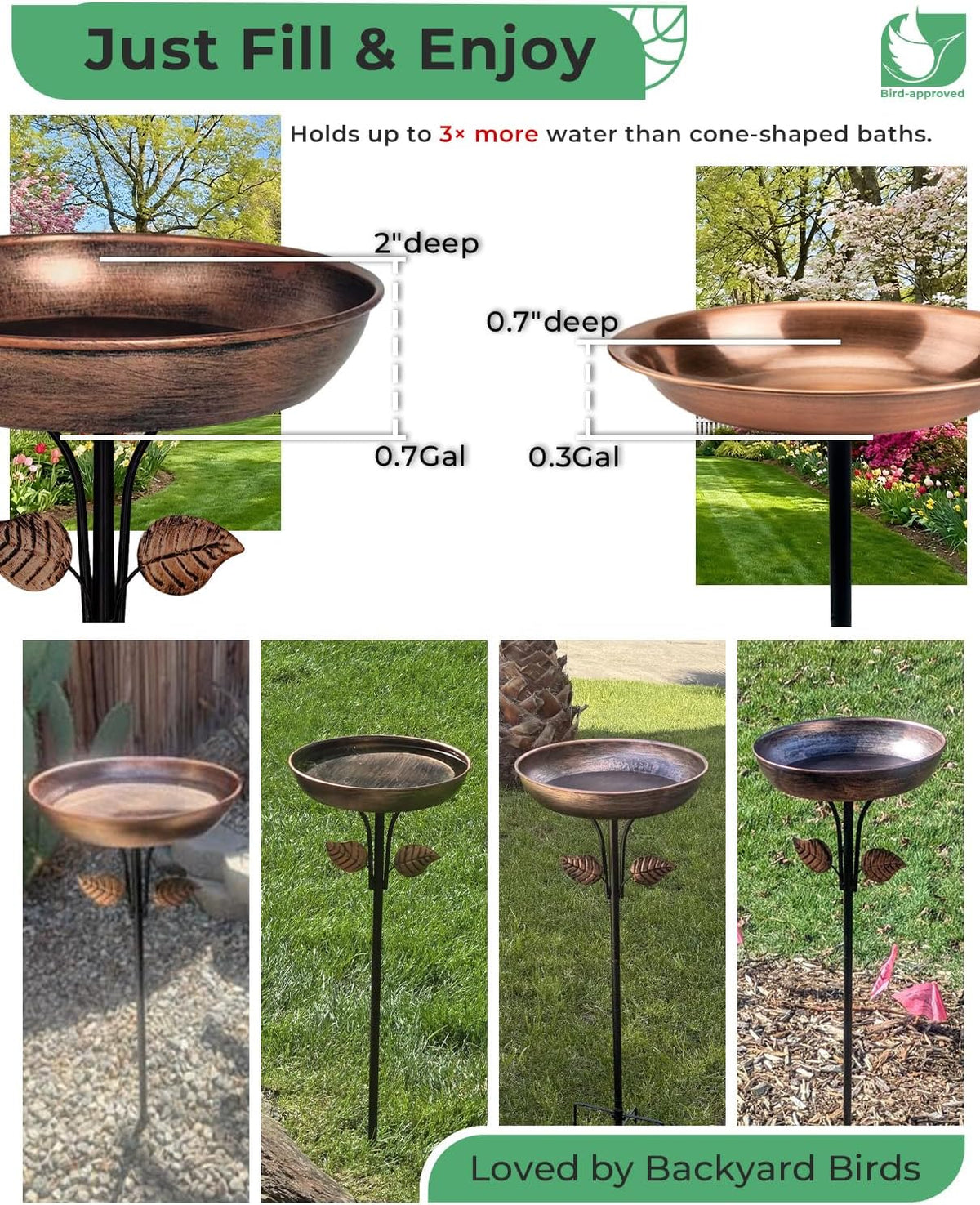 12" Bird Bath for Outside with Stake, Metal Garden Birdbath