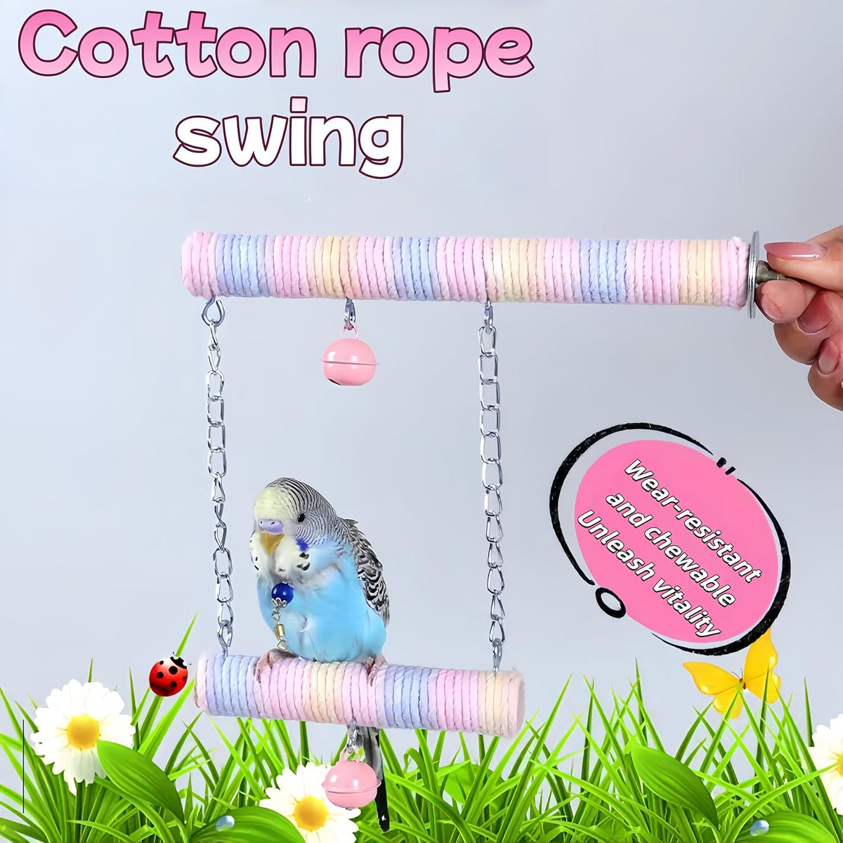 Parrot Swing A Standing Pole, Colorful Cotton Rope Wooden Swing with Metal Chain and Clasp（1Pcs）
