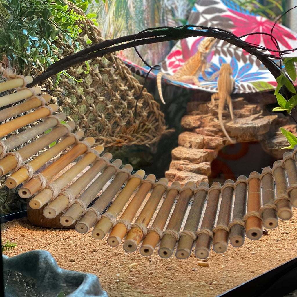 Reptile Bamboo Climbing Bridge,Lizard Ladder Hammock Bridge Bearded Dragon Hanging Bamboo Ladder Lounger Lizard Hammock Terrarium Vines Decor Reptile Habitat Tank Accessories for Chameleon Gecko