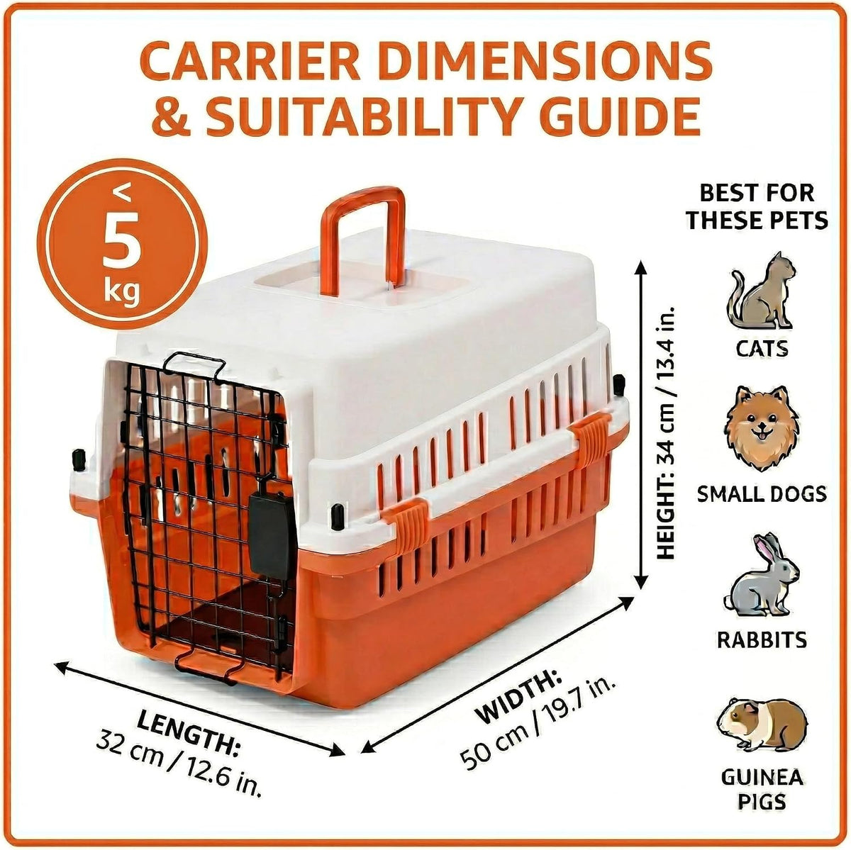 Hard-Sided Pet Carrier for Cats and Small Dogs, 20" Sturdy Travel Kennel with Secure Wire Door & 360° Ventilation, Portable Plastic Crate for Vet Visits & Car Travel (White/Orange)