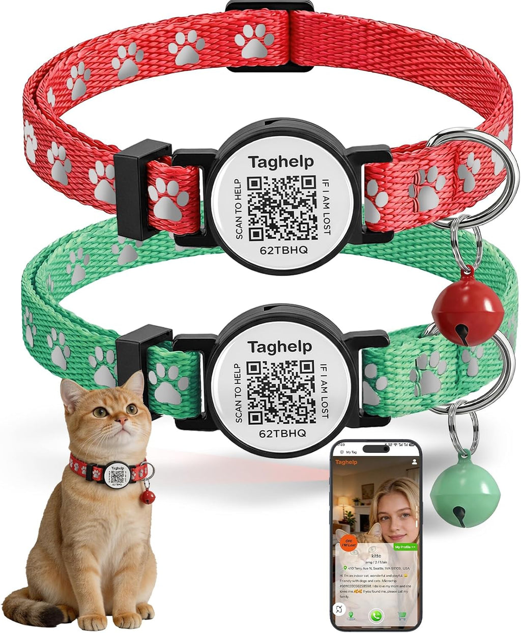 Smart QR Code Cat Collar 2-Pack - Digital Pet ID Tag with Breakaway Safety Design, Reflective Strips & Adjustable Fit for Lost Cat Recovery (Red & Green)