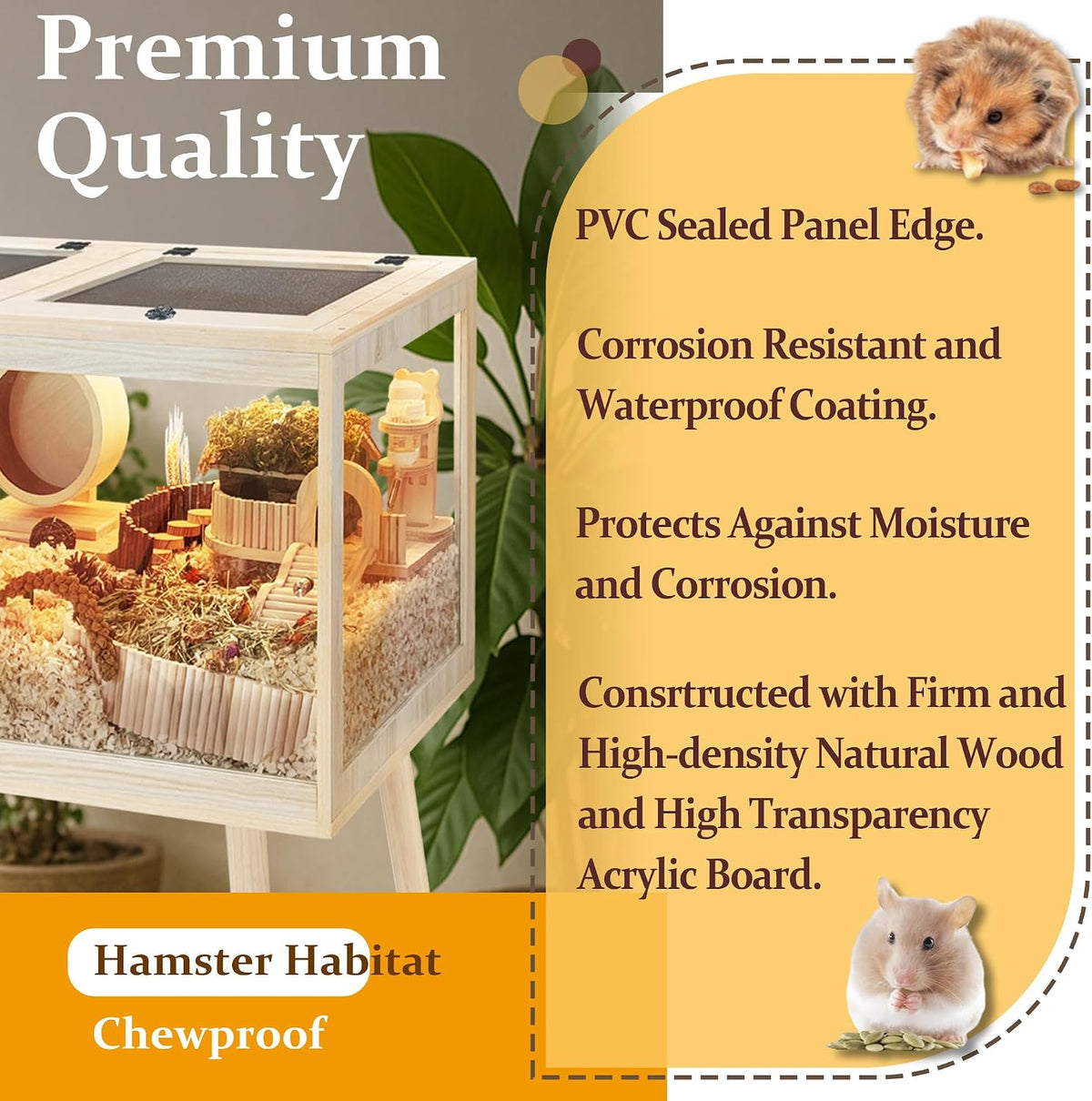 PROLEE Hamster Cage Chewproof, Mice and Rat Habitat with Transparent Sides, Hamster Cage with Openable Mesh Top, Solid Built with Lock Design and Leg Stand, 32" Long