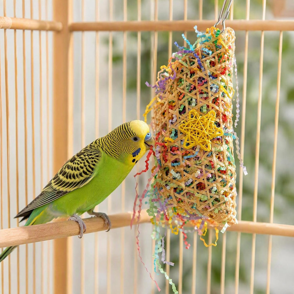 3 Pcs Bird Toy Set Calcium Stone Grind Block Shredder Paper Foraging Pouch 6 Ring Swing Chain Cage Accessories for Parrots Cockatiels Lovebirds Budgies