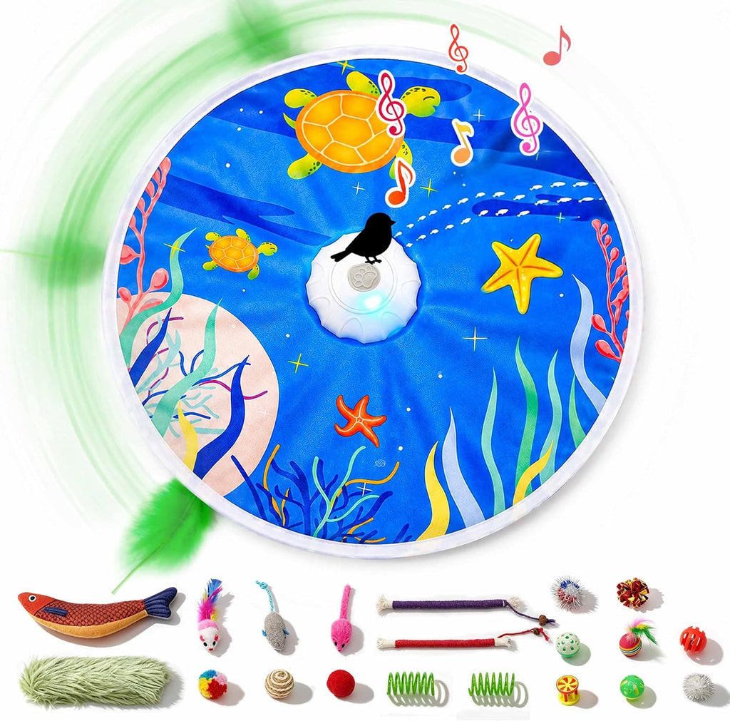 Interactive Cat Toys with 20 PCS Cat Toys, Automatic Cat Toy Touch Activated with 2 Feather Wand, Bird Chirping for Bored Indoor Kittens