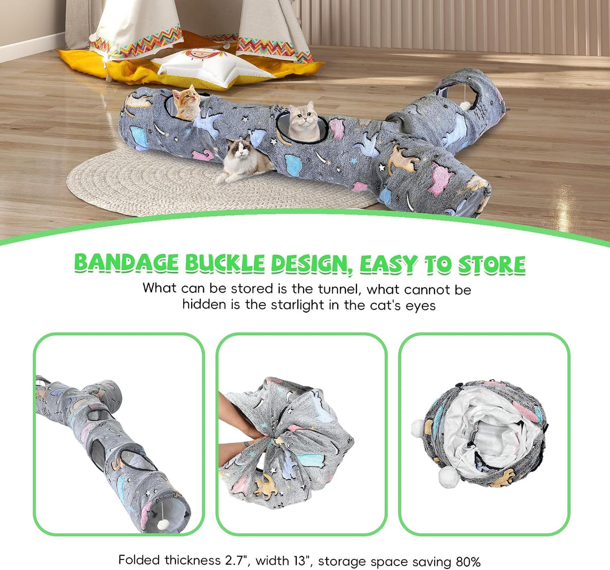 Cat Tunnel for Indoor Cats,Tree Trunk Cat Tunnels with Plush Ball Toys Collapsible,Stars, Moon Shape Self-Luminous, for Indoor Cats,Pets Bunny Rabbits, Kittens, Ferrets