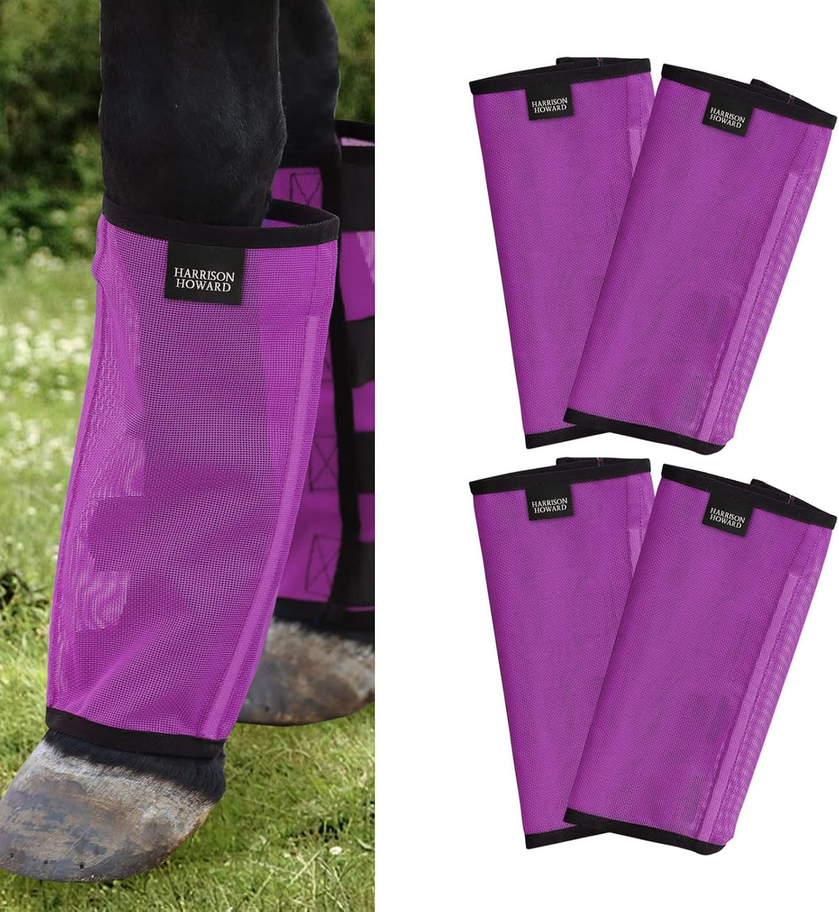 Harrison Howard Loose Fitting Fly Boots UV-Protective Extra Tough Mesh Ventilated Four Fasteners Stay-on Design Protect Horse Legs & Stomp-Reducing Set of 4 Purple Large