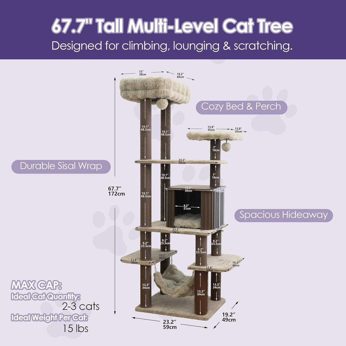 Catry 7-Level Cat Tree for Indoor Cats, Multi-Level Cat Tower with Replaceable Paper Rope Scratching Posts, Elevated Perch Bed, Cozy Condo Hideaway, Hammock, Plush Shag Fur Padding & 2 Hanging Toys