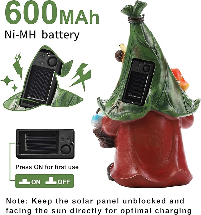 Mushroom-Picking Gnome Solar Garden Statue - Image 3