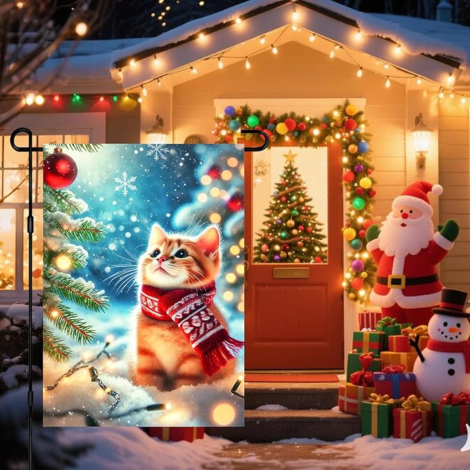 Christmas Garden Flag Winter Flag Cute Kitten Scarf Snow Scene Outdoor Yard - Image 2