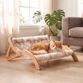 Elevated Cat Bed for Indoor Cats, Cute Paw-Shape Cat Hammock Couch with Cozy Washable Cushion, Solid Wood Pet Furniture for Kitty, Puppy & Bunny (Warm Beige)