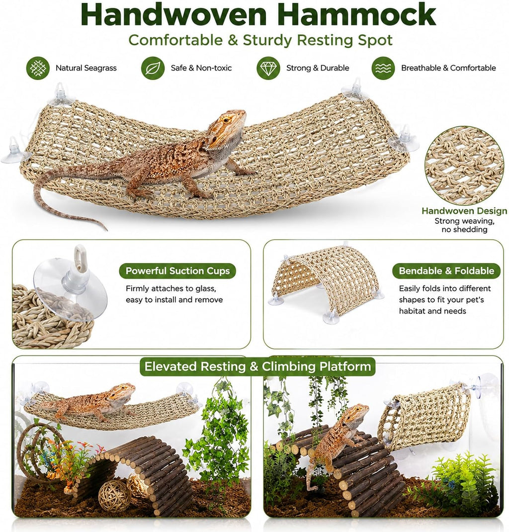 HERCOCCI Bearded Dragon Tank Accessories, 9Pcs Reptile Plants Vines Hammock Bridge Jungle Climber with Suction Cups Terrarium Habitat Décor for Snake Gecko Lizard Chameleon