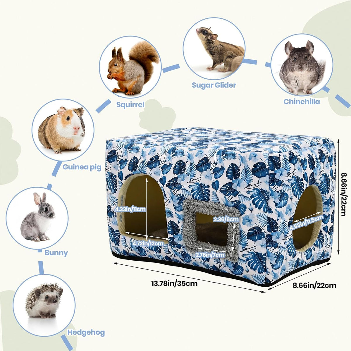 Guinea Pig Hideout, Washable Guinea Pig House, Blue Leaf