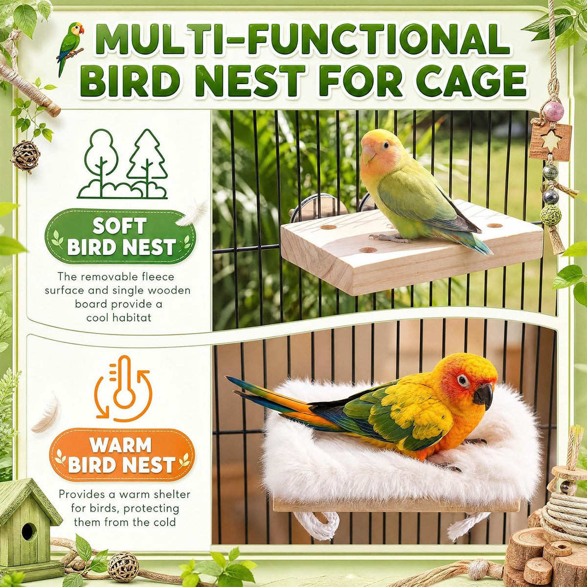 Vinsot Bird Perch for Cage, Detachable Plush Parrot Toy Hanging Bird Resting Nest for Conure, Budgie, Cockatiel, Lovebird, Canary, Finch, Hamster, Small Pets