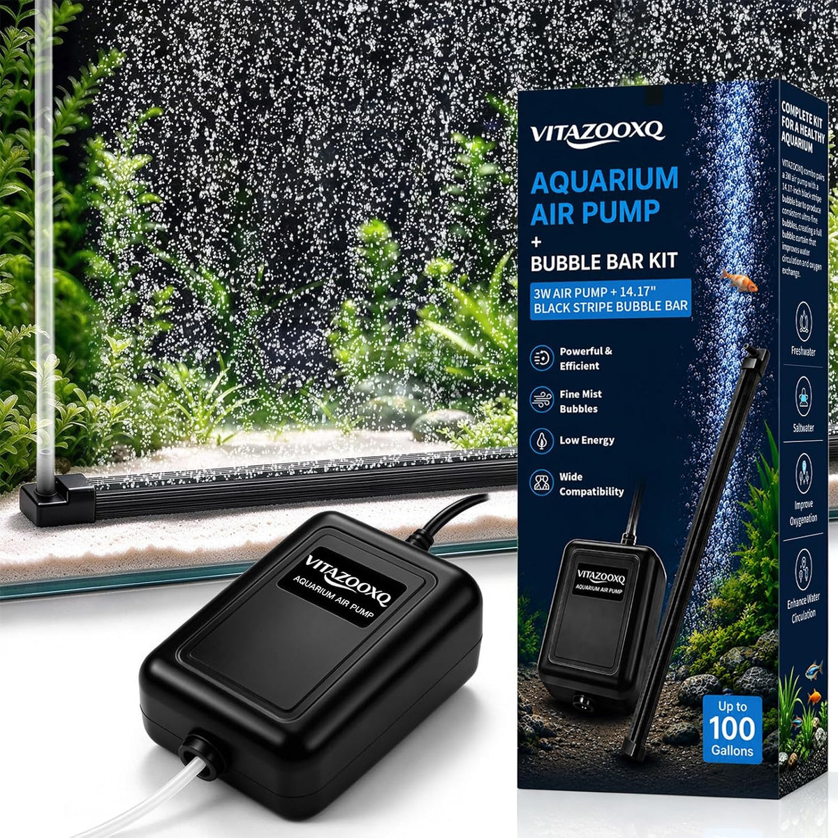 14.17" Black Bubble Bar Kit with Aquarium Air Pump