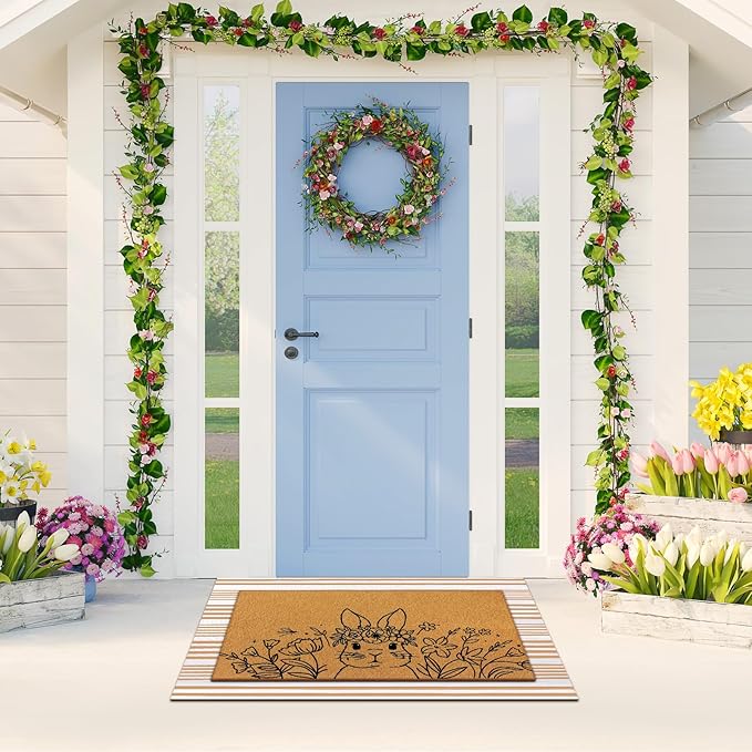Tinideya 2 Pcs Easter Day Door Mat Welcome Outdoor Non Slip Coir Mats Flower - Image 6