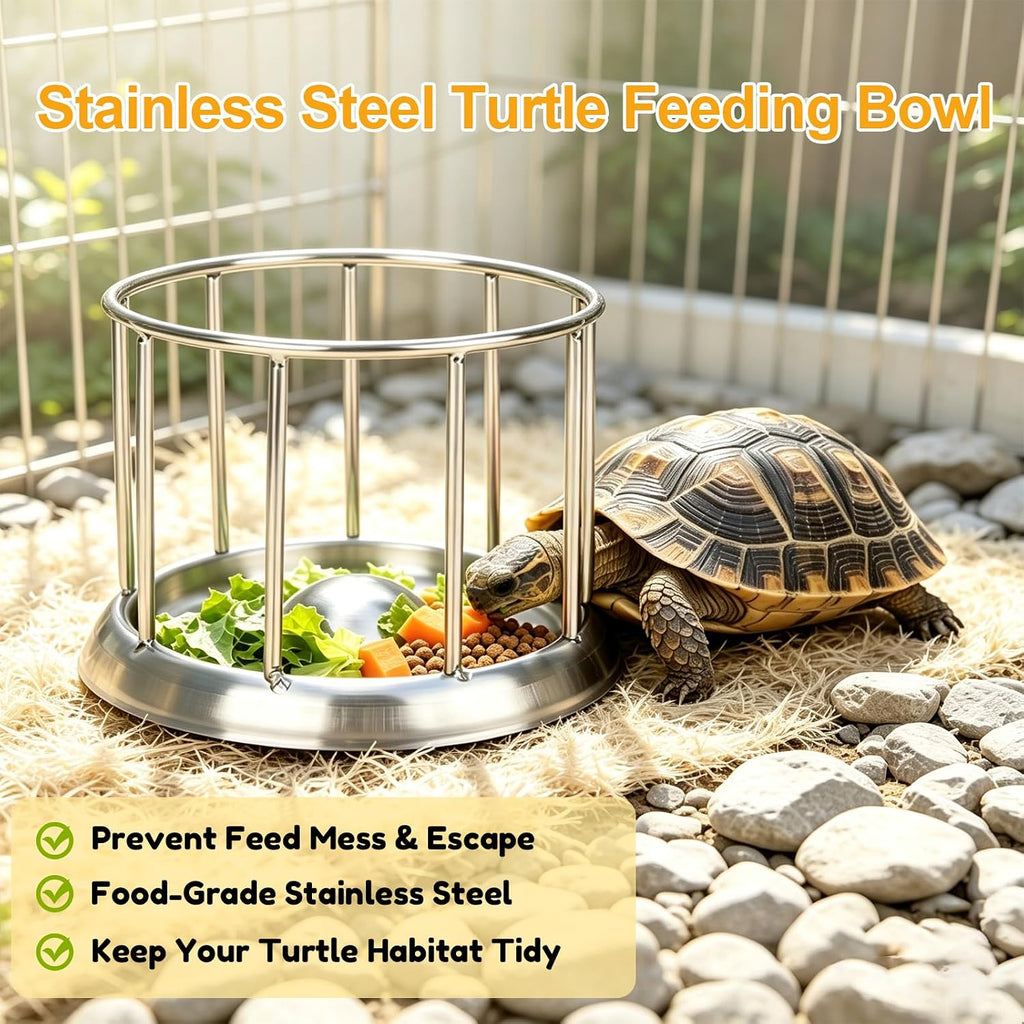 Stainless Steel Turtle Feeder, Multi-Turtle Divided Feeding Dish with Anti-Spill & Anti-Scatter Barrier, Reptile Food Bowl for Aquatic Turtles, Box Turtles, Tortoises, Bearded Dragons, Lizards (S)
