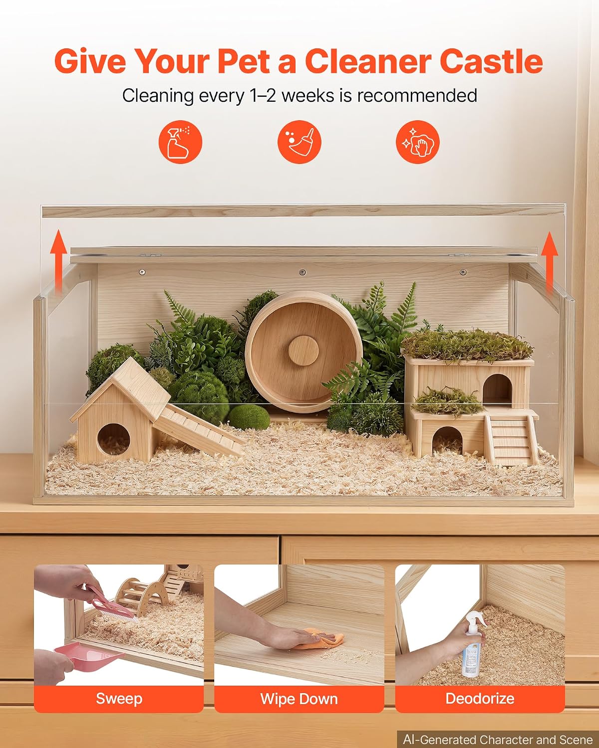 VEVOR Wooden Hamster Cage 40.1"x20.4"x20.1" 270° Viewing Hamster Habitat, Chewproof Acrylic Small Animal Cage with Openable Top, Large Pet Enclosure for Syrian/Dwarf Hamsters, Guinea Pigs & Gerbils