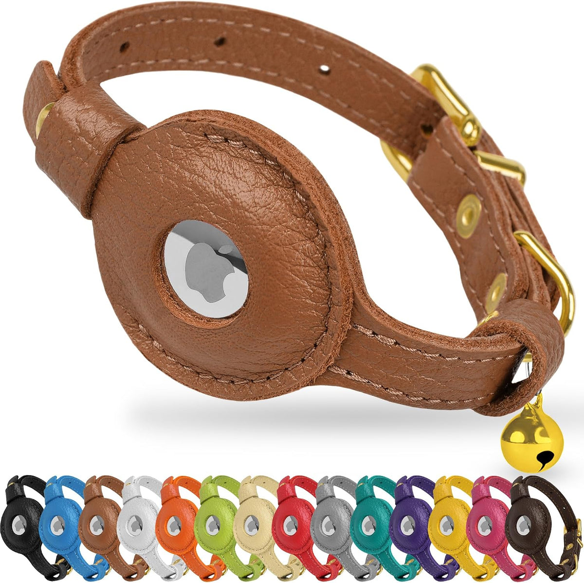 OOPSDOGGY Leather AirTag Cat Collar with Bell - Non Breakaway Kitten Collar with Apple Air Tag Holder - Lightweight GPS Pet Collars for Girl Boy Cats, Small Dogs, Puppies (Pink)