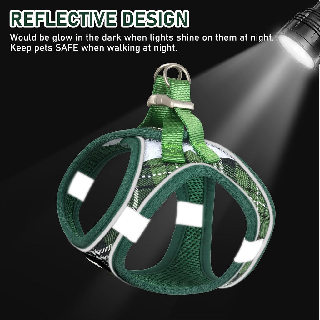 GAMUDA Small Pet Harness Collar and Leash Set, Step in No Chock No Pull Soft Mesh Adjustable Dog Vest Harnesses Plaid Reflective for Dogs Puppy Cats Kitten Rabbit (Green, L)