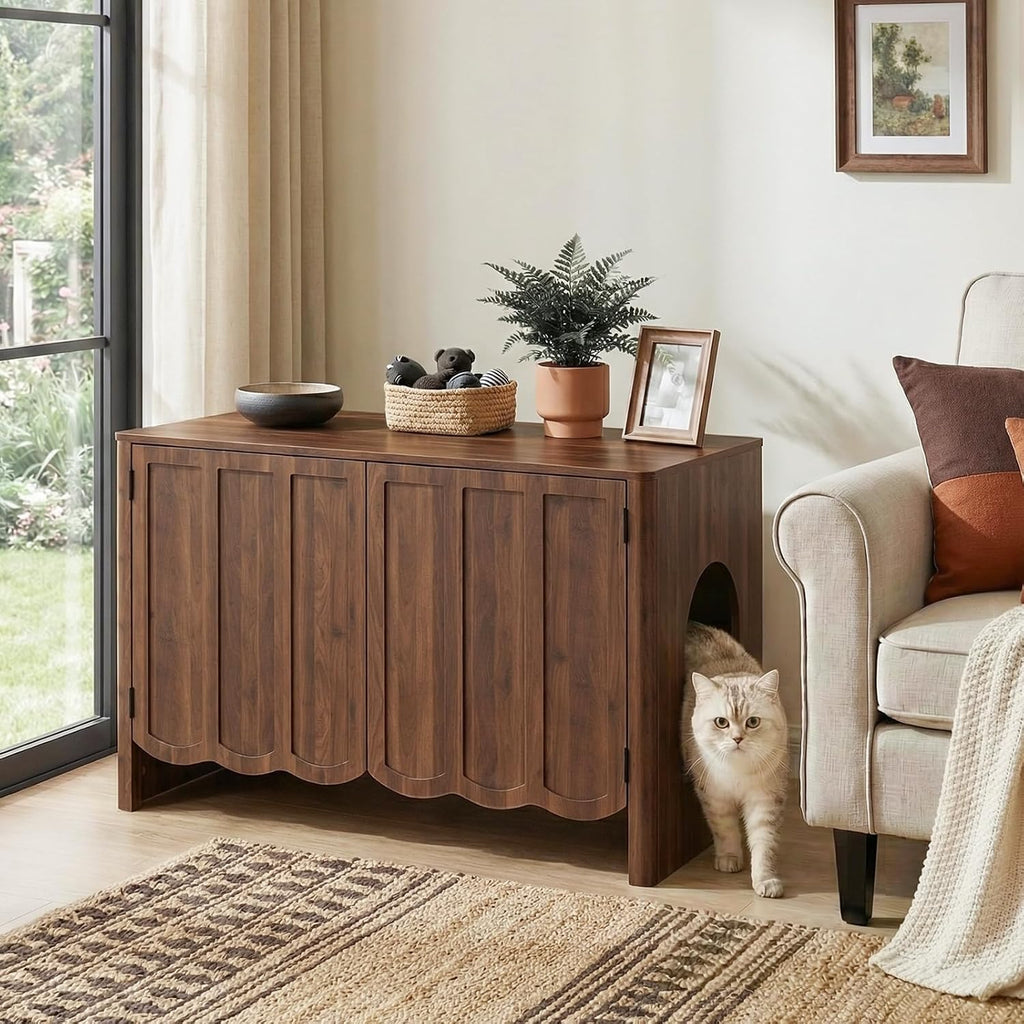 HOOBRO Cat Litter Box Enclosure, 31.5" Hidden Litter Box Furniture with Wavy Panels & Side Entry, Push-to-Open Doors, Litter Box Cabinet, Living Room End Side Table, Walnut WL27MW01