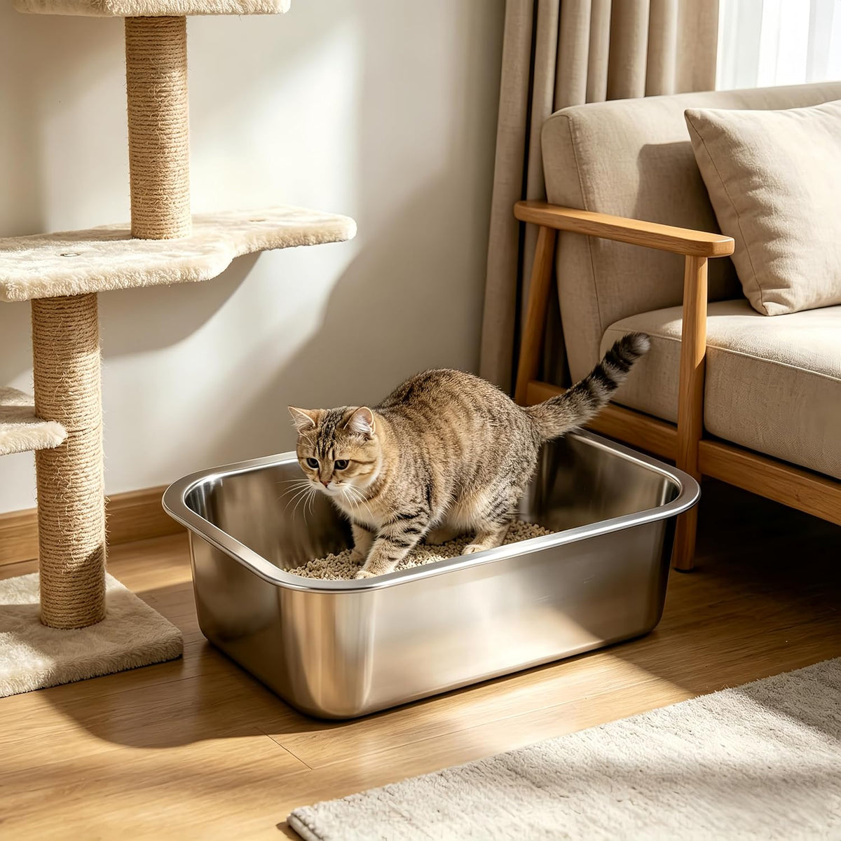 3 Pcs Stainless Steel Rabbit Litter Box with Scoop & Non-Slip Feet Mats, Easy Clean Metal Pan for Rabbits Cats Small Animal, No Smell, Non Stick, 4In Low Entry (L+M+S)