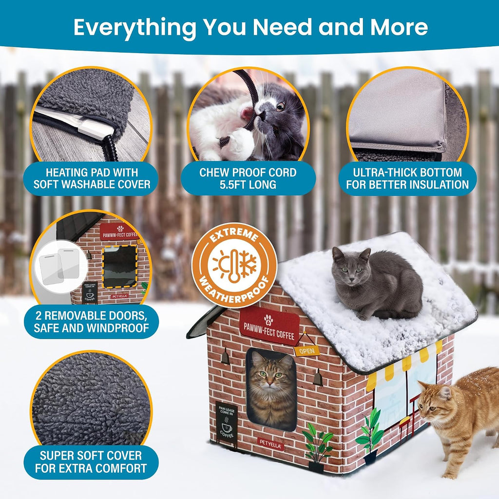 Deluxe Heated Cat House for Winter - Weatherproof, Insulated, Easy Assembly, Cat Heating Pad, Dual Escape Doors, Outdoor & Indoor Cat House - Coffee Pethouse