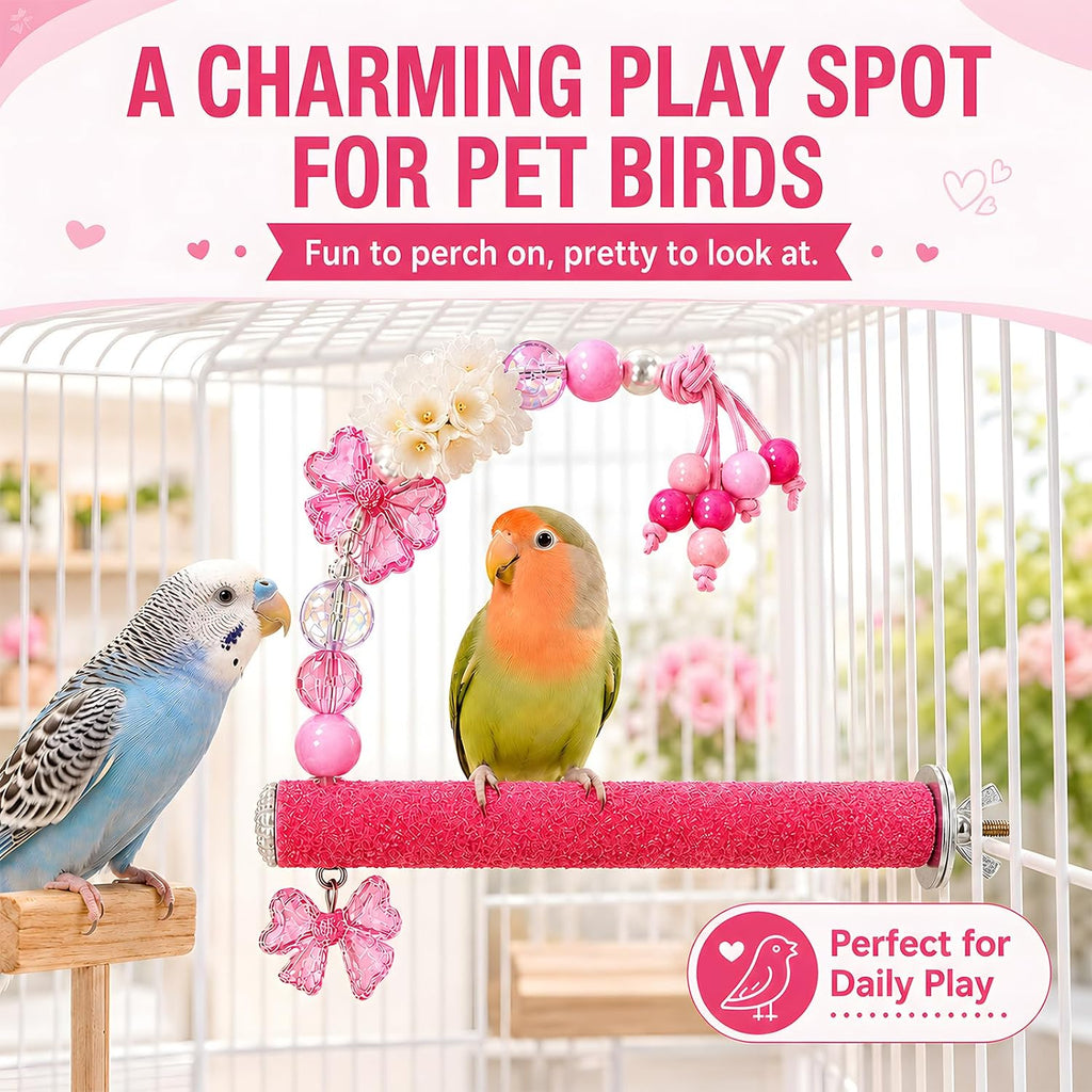 Bird Parrot Perch with Beads and Bow Chew Toy,Cage Platform Toy and Exercise Accessories for Budgies Parakeets Cockatiels Conures and Lovebirds (Blush Pink)