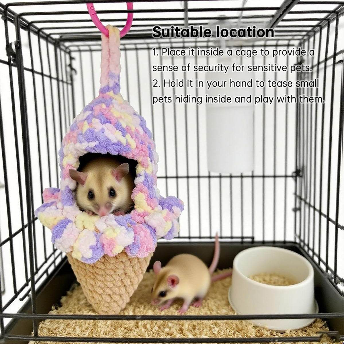 Ice-cream-shape Sugar Glider Bed, Hand-woven Hamster Hammock Gerbil Sleeping Bag Bedding Decoration Perfect Mouse Hideout Small Animal Cage Accessories Suitable for Bear Hedgehog, Color Random