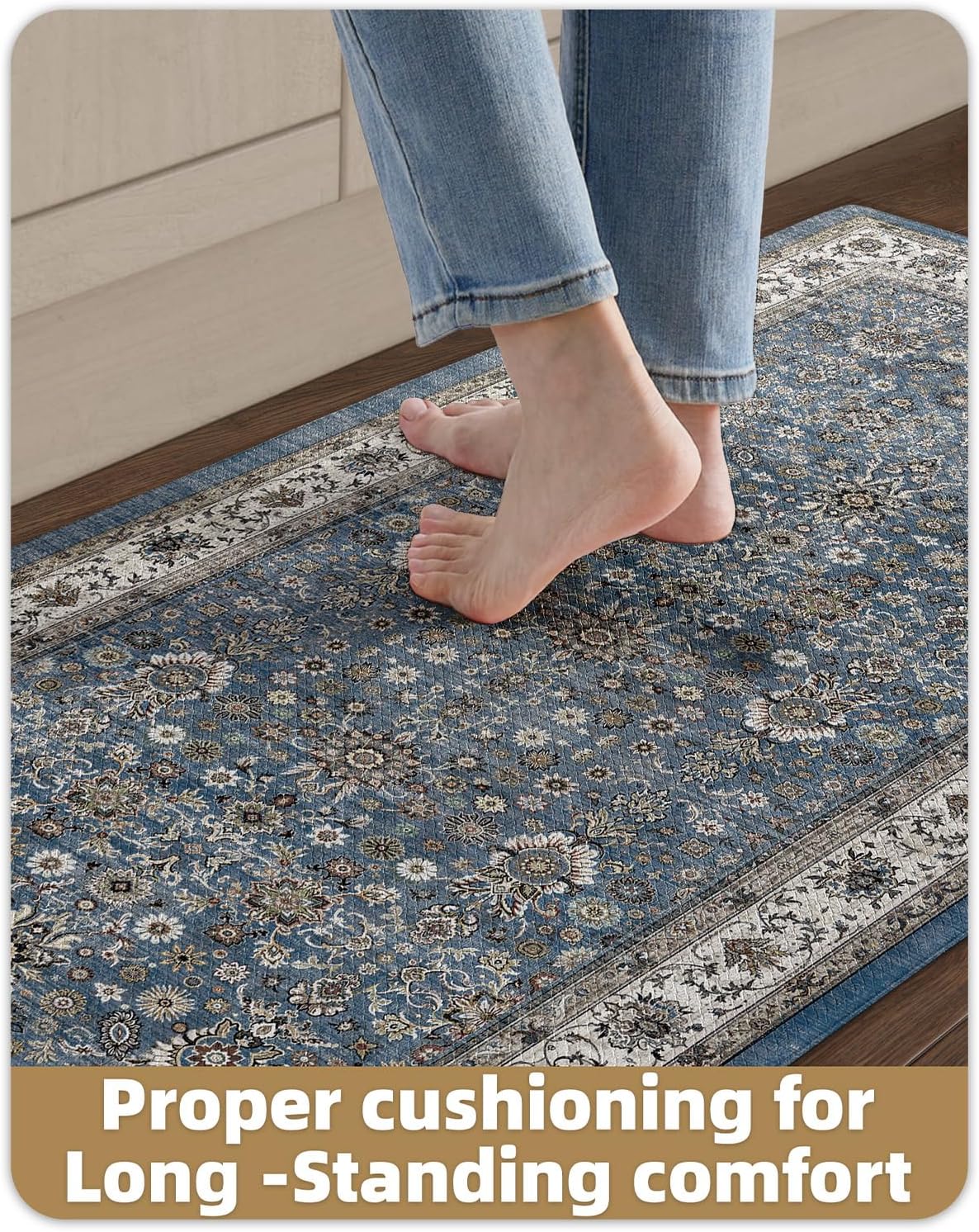 Color&Geometry Kitchen Floor Mat 24x59 Faded Vintage Anti Fatigue, Blue