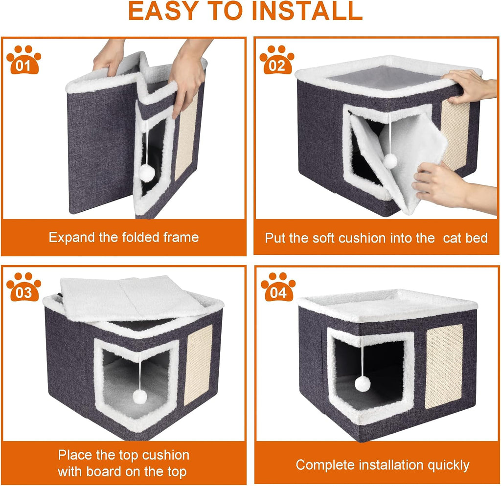 Loyareal Cat Houses for Indoor Cats - Large Cat Bed Cave with Scratch Pad and Fluffy Ball, Foldable Cat Condo Hideaway with Reversible Cushion for Multi Small Pet, Dark Grey