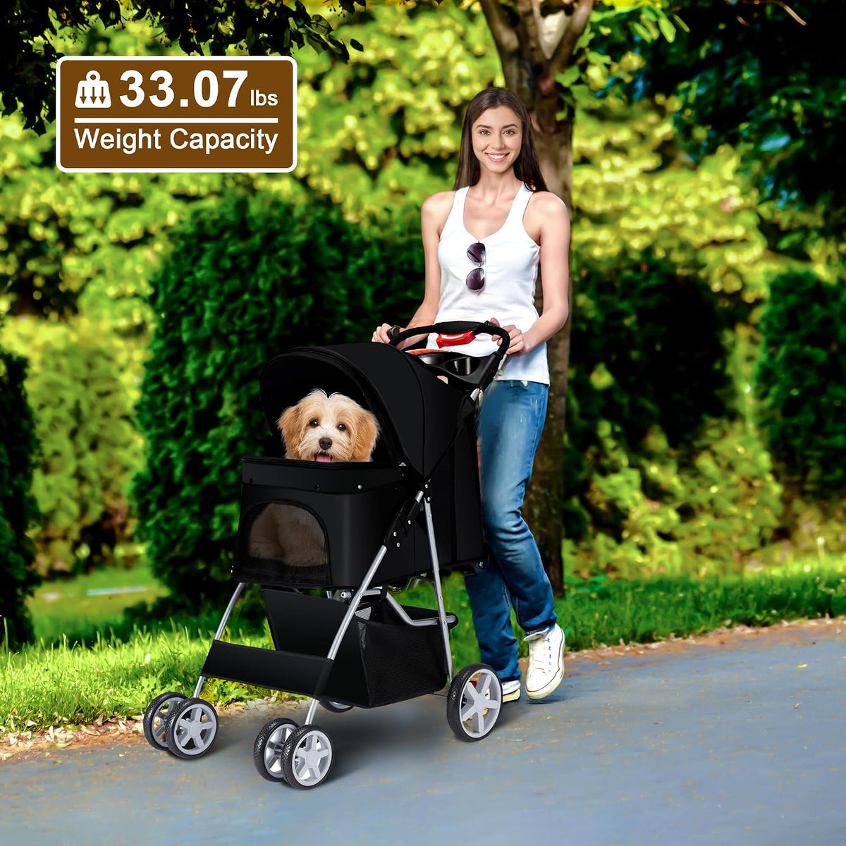 Foldable Pet Stroller 4 Wheels for Small Medium Dogs Cats,Black