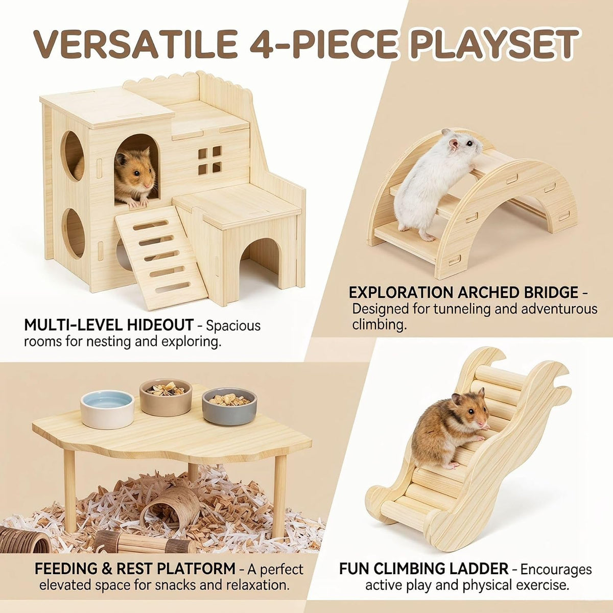 4-Piece Hamster Cage Accessories Set, Wooden Platform, Hideout Tunnel, Ladder and Climbing Playhouse for Dwarf Hamsters, Syrian Hamsters, Mice, Gerbils, Degus and Small Pets