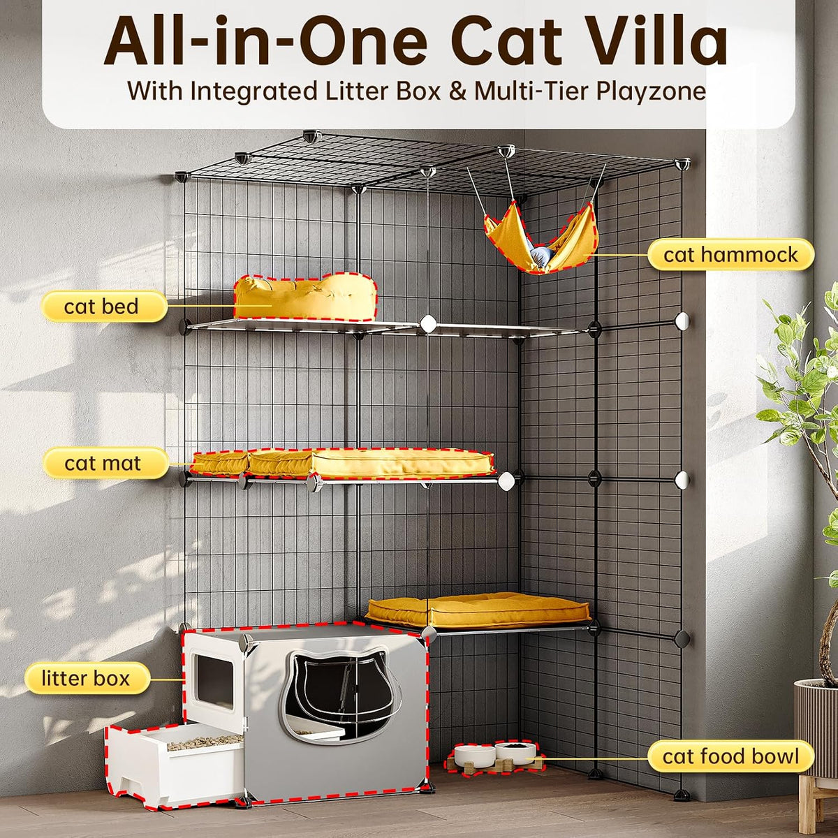 Oneluck Cat Cage with Litter Box, 4-Tier DIY Enclosures Detachable Metal Wire Kennel Catio Indoor Crate Large Exercise Place Ideal for 1-2 Cats