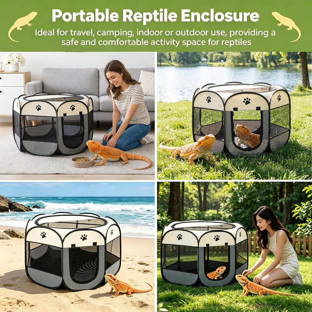Bearded Dragon Playpen, Foldable Portable Reptile Exercise Pen with Breathable Mesh Top, Indoor Outdoor Small Animal Cage Habitat for Lizard, Bearded Dragon, Hamster, Guinea Pig, Puppy Kitten