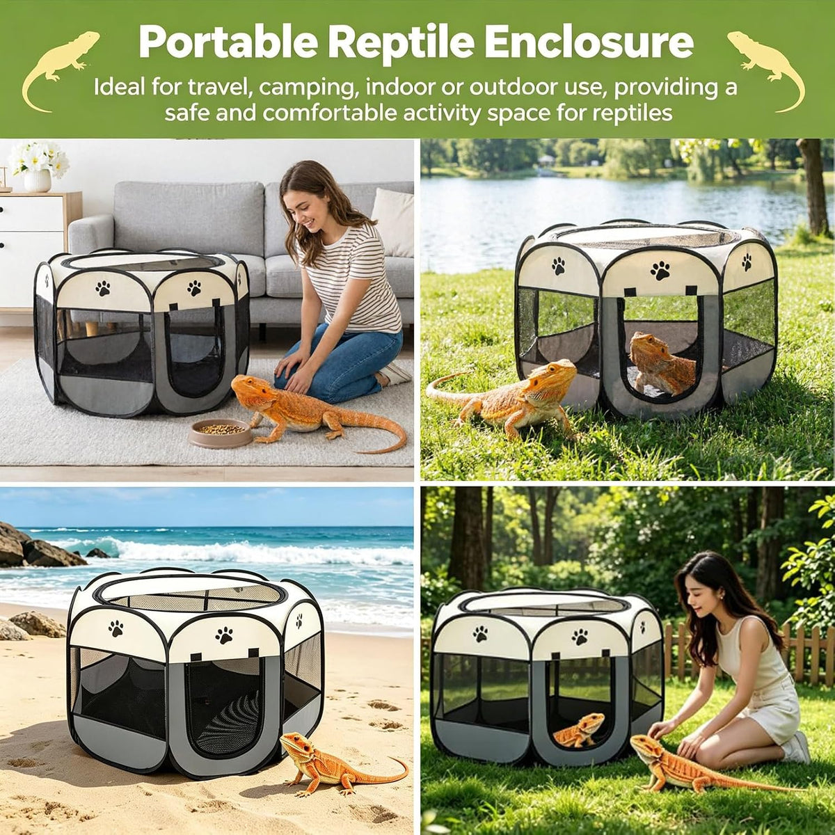 Bearded Dragon Playpen, Foldable Portable Reptile Exercise Pen with Breathable Mesh Top, Indoor Outdoor Small Animal Cage Habitat for Lizard, Bearded Dragon, Hamster, Guinea Pig, Puppy Kitten